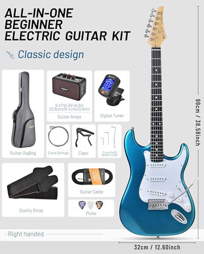 Image of Leo Jaymz Beginner Electric Guitar 39 inch Kit with Portable Amplifier, Padded Gig Bag, Digital Tuner，Capo，Strap，Picks，Classic SSS Pickups(Blue-SSS)