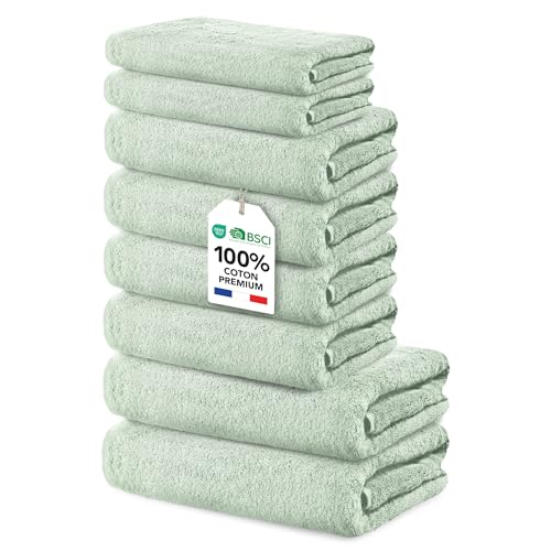 Ôhm Set Salle de Bain 8 Pièces Sauge 100% Coton 500 g/m² – 2 Serviettes 70x140 cm + 4 Serviettes 50x100 cm + 2 Serviettes 30x50 cm – Ensemble Linge de Bain Familial et Couple – Certifié Oeko-TEX