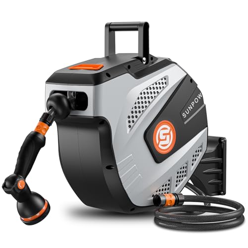 SUNPOW Avvolgitubo da Giardino Retrattile - Arrotolatore Tubo Acqua Parete con Ugello Spruzzatore a 10 Funzioni - Blocco della Lunghezza, Sistema di Riavvolgimento Automatico, Orientabile a 180°, 35m