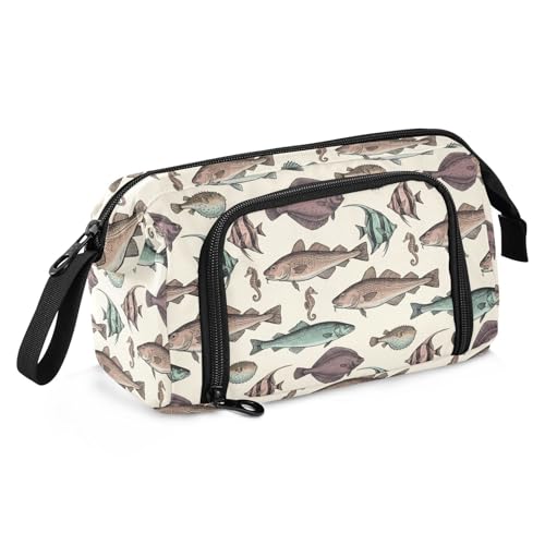 Image of Vintage Fish Beige Print Pencil Case Pouch Big Capacity Pencil Bag Box Organizer Pen Case with Compartmens Stationery Organizer for Girls Boys Women School College Office