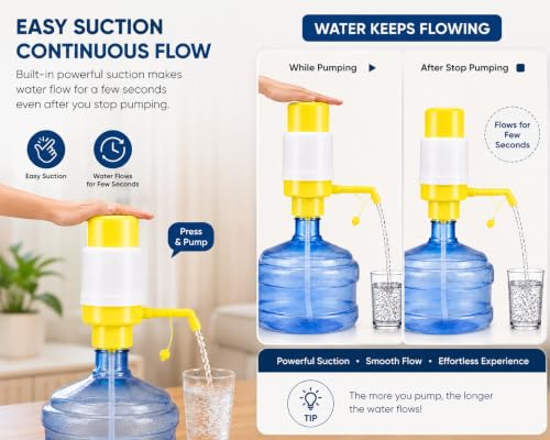 Image of AAMNI Manual Water Dispenser Pump for 20-25 Litre Bottles | 3 Months Warranty | Portable Hand Press Water Pump| Food Grade Material| Easy Installation| (Sunshine Yellow)