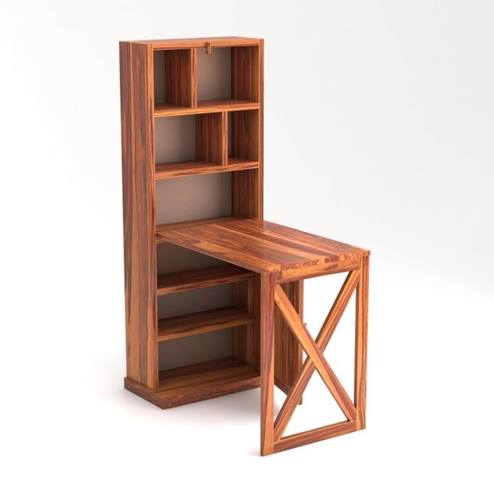 Image of SUNCOM Solid Sheesham Wood Foldable Study Table with Book Shelf - Wooden Study Table for Students StudyTable with Storage Computer Table for Home (Natural)