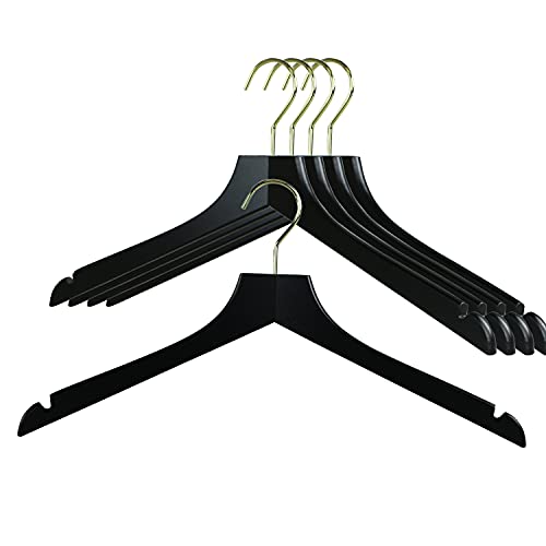 MAWA by Reston Lloyd, European Wooden Hanger, Beech Wood Straight Hanger with Shoulder Notches, Rotating Gold Hook, Black Finish, for Shirts, Blazers, Dress Clothes, Set of 5 (27115)