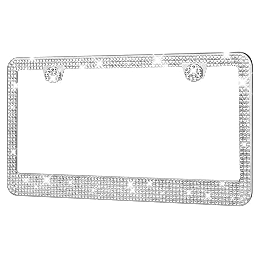 HOTOR License Plate Frame - Lastingly Bling License Plate Holder, Sparkly License Plate Frame for Women, Stainless Steel & Obstruction-Free License Plate Frame with Multifaceted Rhinestones White