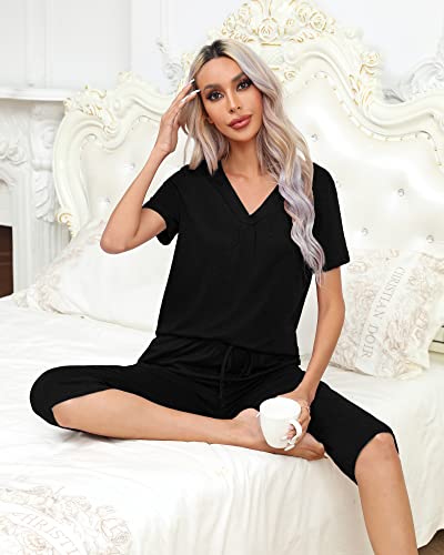 Difficort Women's Pajama Sets Short Sleeve Pjs Soft Lounge Sets Capri Sleepwear With Pockets,2-Black,Medium #TOP3