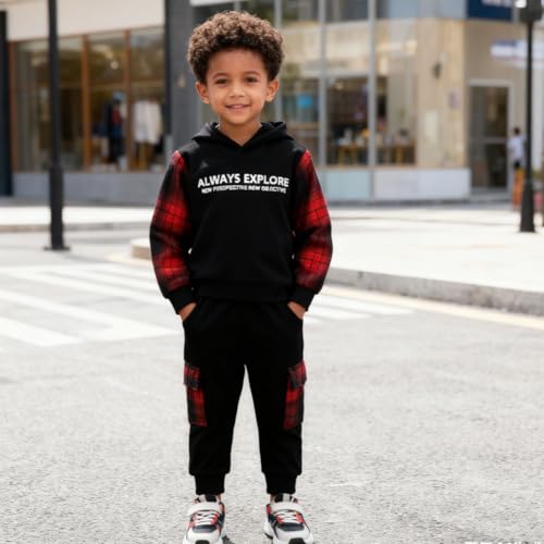 Image of OLMRJKD Toddler Baby Boy Clothes Plaid Long Sleeve Hoodie Sweatshirt + Pants 2pcs Boys Outfit Set