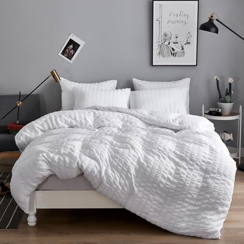 Freyamy Seersucker Bettwäsche 155x220 Weiß Geprägt Gestreifte Bettwäsche Set Aesthetic Microfaser ÖKO-TEX Bettbezug 155x220 Deckenbezug mit Reißverschluss und 1 Kissenbezug 80x80cm