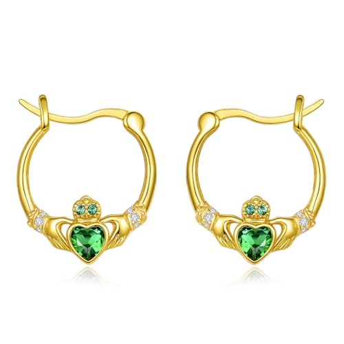 Dreamboat Sterling Silver Claddagh Earrings for Women Irish Earrings Loop Heart Green Emerald May Birthstone Irish Gift Made In Ireland Luck Scottish Jewelry