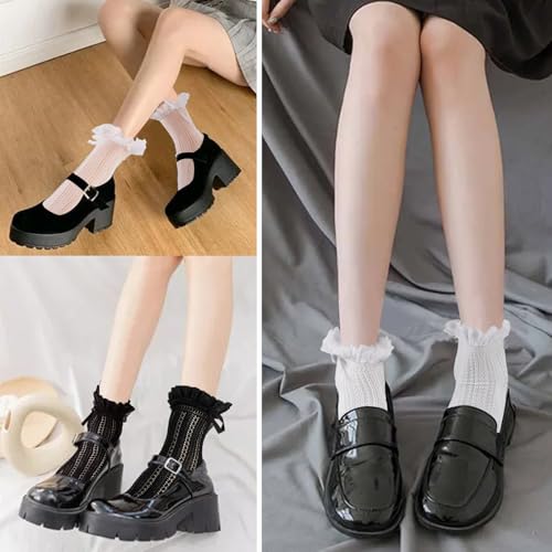 Image of Womens Lace Ankle Ruffle Socks - Lace Ruffle Frilly Mesh Cute Princess Ankle Dress Lace Bow Lace Socks for Girl,2 Pack