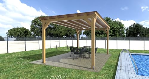 Pérgola de Madera para Exterior - Linea ESTANDAR VIP, 3 x 3 Metros, Techo Machihembrado con Capa Asfáltica, Estructura Maciza (Natural)