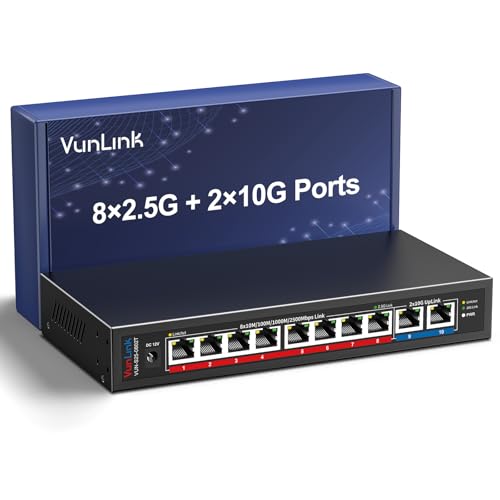 Image of 10Gb Ethernet Switch with 8 x 2.5GbE RJ45 + 2 x 10GbE RJ45 Ports, VunLink 10 Port Unmanaged 2.5G /10G Multi-Gigabit Network Switch, Plug & Play, Desktop /Wall-Mount, Ideal for NAS, Gaming, Home Office