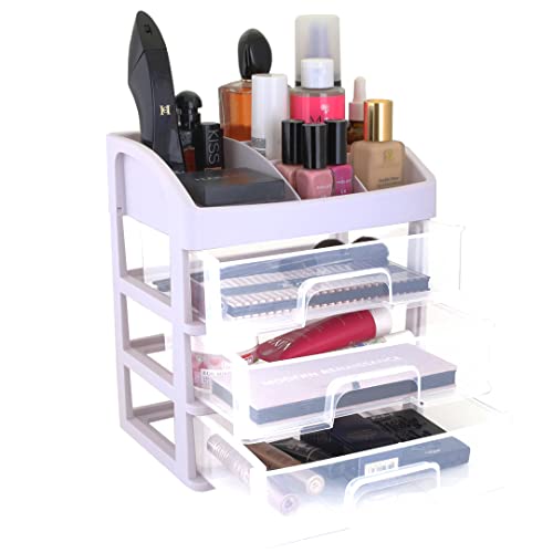 Ecarla Kosmetik Organizer mit Schubladen Ordnungssystem | Aufbewahrung Make up Schmuckbox Transparent (mit 3 Schubladen) Cover