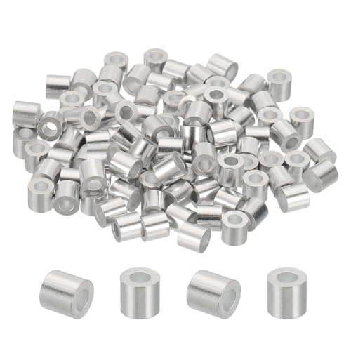 PATIKIL 7/64(2.8mm) Aluminum Wire Rope Stop Sleeve Set, 100 Pcs Crimping Loop Sleeve Single Hole Round Cable Ferrule for Wire Rope Cable Line, Silver