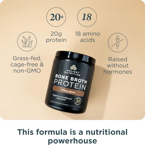 Image of Ancient Nutrition Grass Fed, Bone Broth Protein Powder, 20g Protein, Hydrolyzed Collagen Peptides, Keto & Paleo Friendly, Supports Joint, Gut Health, Chocolate, 15 Servings