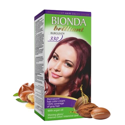 BIONDA Brilliant Tinte y coloración permanentes, 100 ml, cobertura 100% de canas, con aceite de argán, fórmula de aceite nutritiva, brillo intenso, raíz y longitudes completas (330 Borgoña)