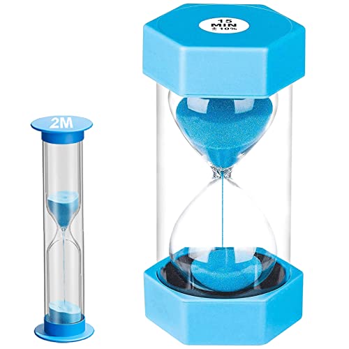 Sand Timer For Kids - 15 Minute Hourglass, Giant Blue Plastic Sand Clock & Mini Reloj De Arena 2 Minutos, Unbreakable Colorful Hour Glass Sandglass For Games, Classroom, Office (Pack Of 2) #TOP4