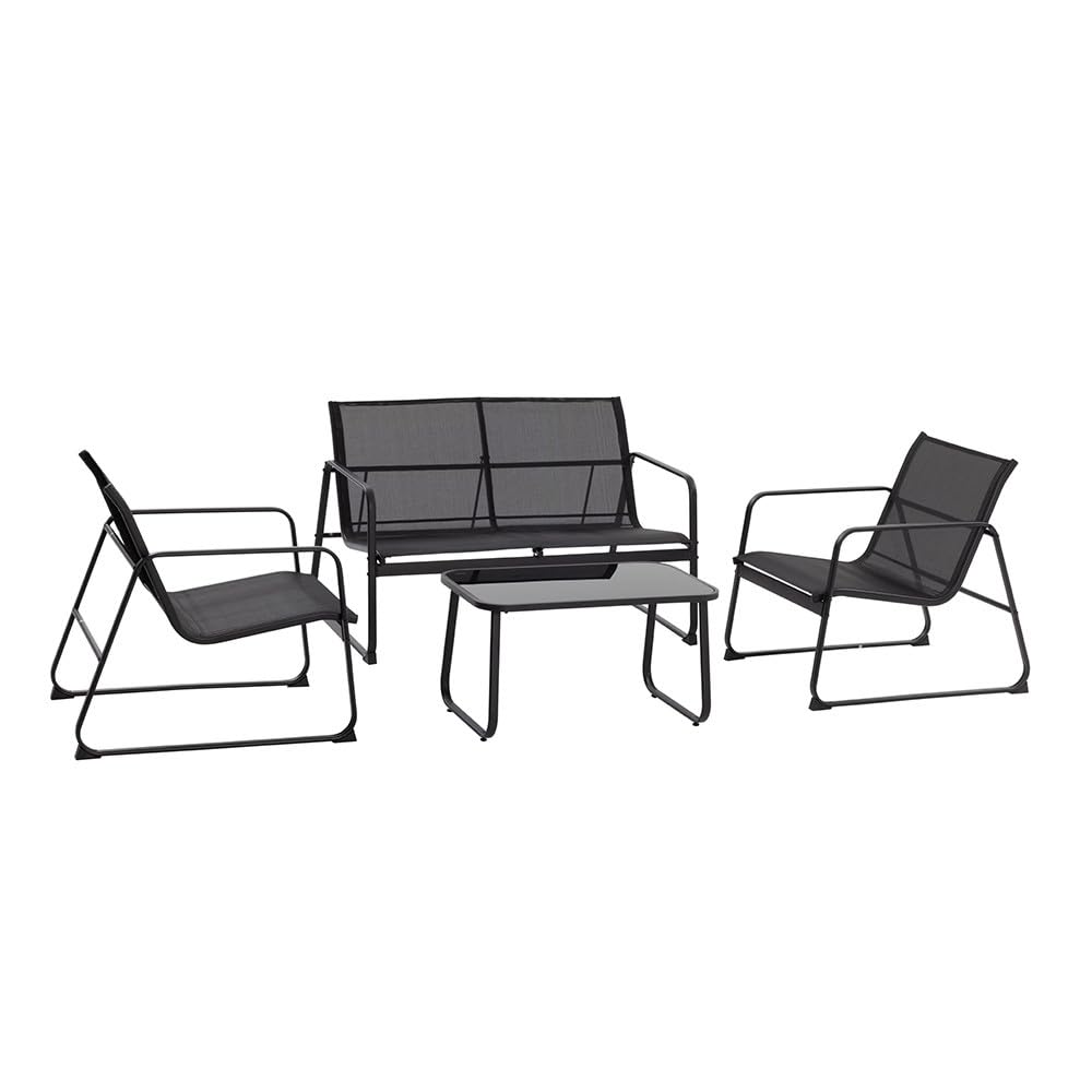 Mediawave Store - Set Giardino Zanzibar NERO 4 Pezzi: Salotto Completo da Esterno con Divano, 2 Poltrone e Tavolino da Caffè, Ideale per Terrazzo, Balcone e Veranda