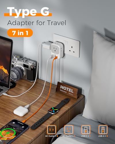 Image of TESSAN US to UK Plug Adapter PD 20W, Type G Travel Converter with 3 USB Charger(1 USB C Port), 4 Outlets Power Adaptor for USA to Qatar Ireland Hong Kong England Scotland Kenya Dubai London British | 3 USB Charger (1 USB C Port), 4 Outlets, Travel Converter