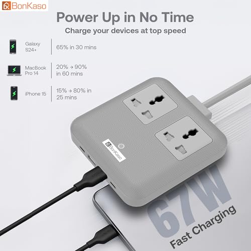 Image of BonKaso Nano 6-in-1 67W GaN Fast Charging Station with 2 AC Outlets, 2 USB-C & 2 USB-A Ports | Ultra Slim Portable Power Hub | Multi-Layer Protection | 330g | 11.8x10.5x2 CM (Grey)