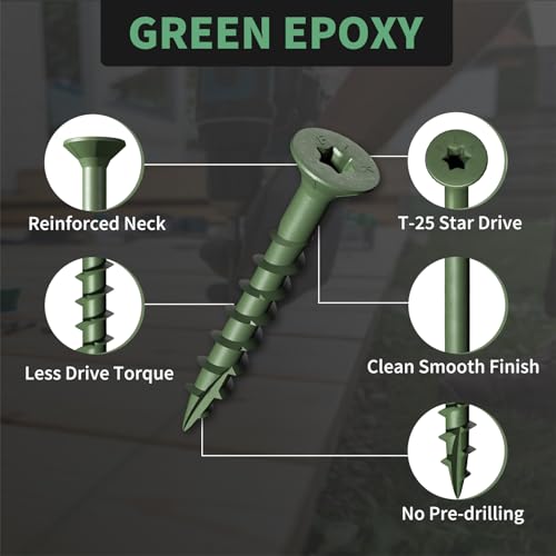 Image of Wood Screws 1-1 /4 Inch, FIXLINK Deck Screws #8 x 1-1 /4 inch, 310 PCS, Epoxy Coated, T25 Star Bit Above 1500 Hour Salt Spray Coating Outdoor Decking Screws Excellent Rust Resistant for Wood Fence, Green