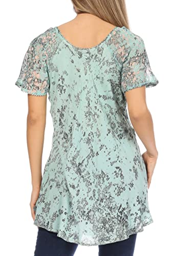 Image of Sakkas Ash Speckled Tiedye Embroidered Cap Sleeve Blouse Top with Embroidery Hems