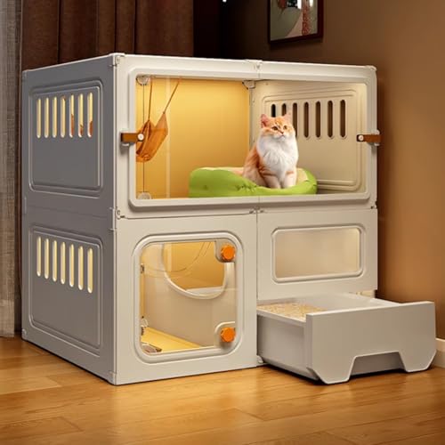 Cage pour chat intérieur avec bac à litière grande maisonnette enclos modulable 2 niveaux