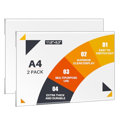 WenYa A4 Acrylic Frame Wall Sign Holder (Landscape, 2-Pack) - Frameless Self-Adhesive Wall Poster Display Frame for Office, Store, Restaurant - No Drilling Needed, Clear Document Holder