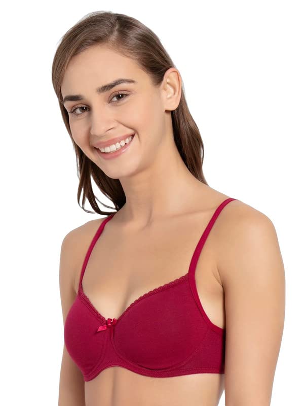 Image of Jockey Women's Wirefree Padded Super Combed Cotton Elastane Stretch Medium Coverage Lace Styling T-Shirt Bra with Adjustable Straps (Pack of 1) (32B, Beet RED)