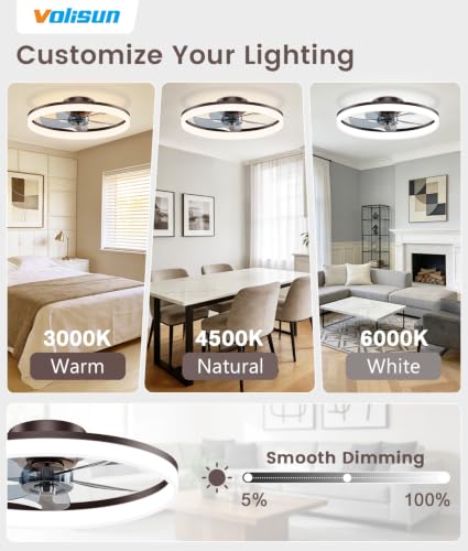 Image of VOLISUN Low Profile Ceiling Fans with Lights and Remote, 20in Fandelier Ceiling Fan Flush Mount, 3000K-6500K Smart Bladeless LED Fan Light, Brown Modern Ceiling Fans with Lights for Bedroom