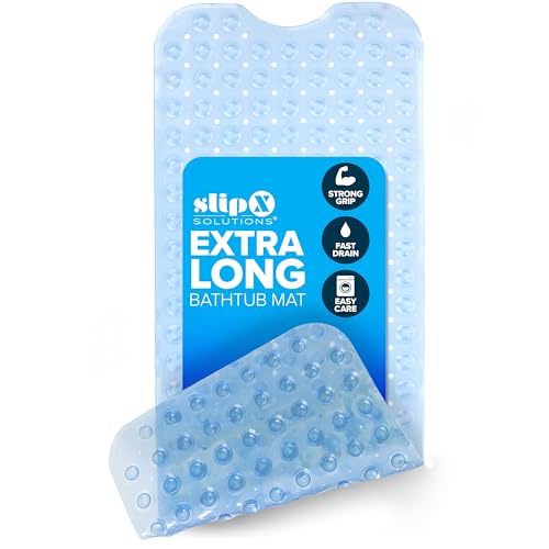 SlipX Solutions Power Grip Extra Long Bath Tub & Shower Mat 39x16, Wet Floor Non-Slip for Elderly & Kids Bathroom, 30% Longer Bathtub Mats, 200 Suction Cups, Drain Holes (1, Light Blue)