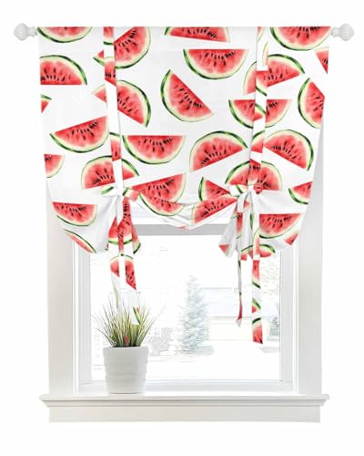 Tie Up Curtains for Windows Summer Watercolor Watermelon Rod Pocket Tie-Up Window Shade Adjustable Balloon Curtain Valance Classic Sweet Fruit for Bedroom Kitchen Bathroom Blinds,34x45in