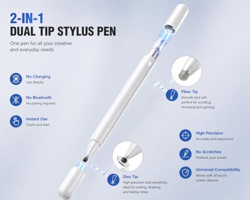 Image of Mizi Universal Stylus Pen for Touch Screens, 2-in-1 Disc & Fibre Tip Stylus for iPad, iPhone, Android, Tablet, Chromebook, Kindle, Switch - High Precision, No Bluetooth, Magnetic Cap - White
