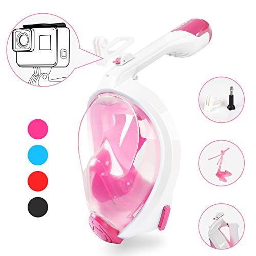 HEETA Snorkel Mask, Foldable Full Face Snorkeling Mask with GoPro Holder, 180° Panoramic View, Anti-Fog Anti-Leak Easy Breath Dry Snorkel Mask Adults Teenagers Kids (White & Pink, S/M)