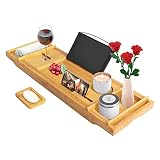 Todeco Pont de Baignoire Extensible Bambou, Plateau Planche avec Porte-Livre, Porte-Verre, Porte-Bougie et Support pour Téléphone, Planche de Bain en Bois de Luxe, Noir
