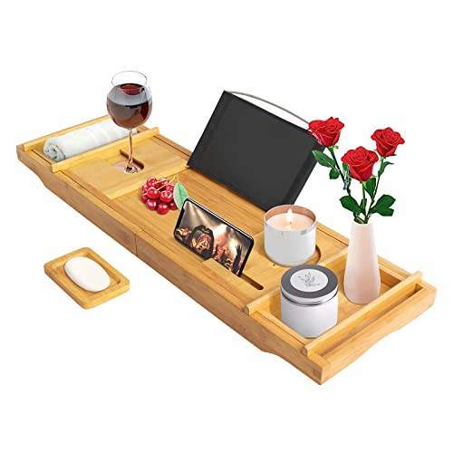 Todeco Pont de Baignoire Extensible Bambou, Plateau Planche avec Porte-Livre, Porte-Verre, Porte-Bougie et Support pour Téléphone, Planche de Bain en Bois de...
