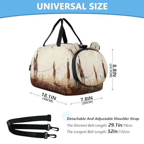 YETTASBIN Sport Travel Duffel Bag for Girls Boys, Vintage Cowboy Large Waterproof Weekender Overnight Bag, Detachable Shoulder Strap Gym Bag with Shoe Compartment & Wet Pocket3