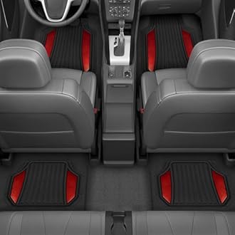 Motor Trend ChromeTech Car Floor Mats Full Set - Durable Rubber Floor Mats for Cars with Two Tone Accent, All Weather Interior Protection for Front and Rear with Non-Slip Backing, Red Chrome