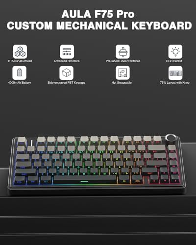 AULA F75 Pro Wireless Mechanical Keyboard,75% Hot Swappable Custom Keyboard with Knob,RGB Backlit,Pre-lubed Reaper Switches,Side Printed PBT Keycaps,2.4GHz/USB-C/BT5.0 Mechanical Gaming Keyboards - 1