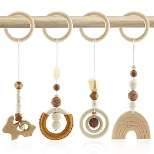 Spielbogen Baby Spielzeug ab 0 Monate Spielbögen Baby Gym Anhänger Holz 4 Stück Spielebogen Babies Toys für Mädchen Jungen Babyspielzeug für Babyschale Kinderwagen Autositz Spielzeug (Braun)