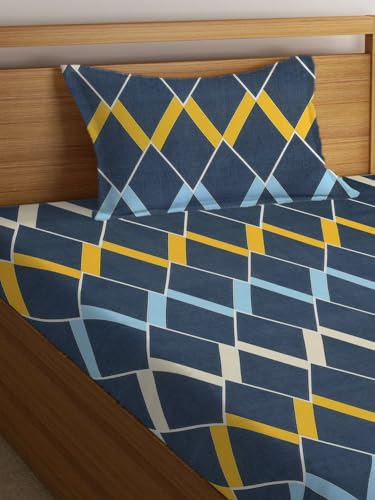 Image of LOOMLYFE 300 TC Cotton Feel Glace Elastic Fitted Printed Single Bed Bedsheet with 1 Pillow Cover Fits Upto 6 Inches Mattress,Size- 42X75X8 Inches, Navy Box