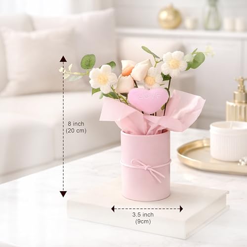 Image of Art Street Handmade Knitted Flower Bouquet in Pink Box - Artificial Daisy & Eucalyptus Arrangement with Soft Fabric Heart | Decorative Table Decor, Anniversary,