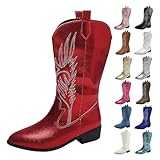 MJGkhiy Botas de Mujer Texanas Altas Western Boots Con Tacón Camperos Botines De Punta Negras Cowboy Botas De Invierno Ante Botín Piel Bota Cómodas, rojo, 37 EU