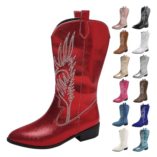 MJGkhiy Botas de Mujer Texanas Altas Western Boots Con Tacón Camperos Botines De Punta Negras Cowboy Botas De Invierno Ante Botín Piel Bota Cómodas, rojo, 37 EU