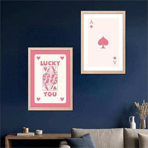 Image of NoWorries Playing Cards Wall Art Framed Painting | Lucky You Typography & Ace of Spades Card Art Prints | Minimal Pink Aesthetic Posters Frames | Premium 300 GSM Paper Print with Synthetic Wooden Frame | Modern Wall Decor for Living Room, Bedroom and Office (Set of 2) (NATURAL, ART-7, 10X13INCHES)