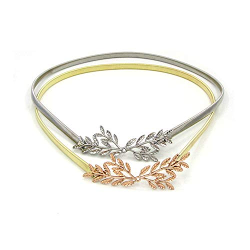 2 Piezas Cinturón Elástico de Mujeres Cinturón de Hoja, 29,53 u00d7 0,39 Pulgadas Cinturón Vestir Hoja de Mmetal Correa Mintura, Cierre Entrelazado(Oro Plata)