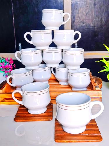 Image of Elegant White Ceramic Tea Cups with Silver Rim, Set of 12 Cups Classic Design.