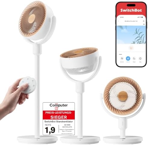 SwitchBot Standventilator mit Luftzirkulation mit RGB-Beleuchtung, 22 dB-ultra-leise, Fernbedienung, Matter via Hub, 9,15 m³/min Luftstrom, höhenverstellbar, 4 Modi, 9 Geschwindigk