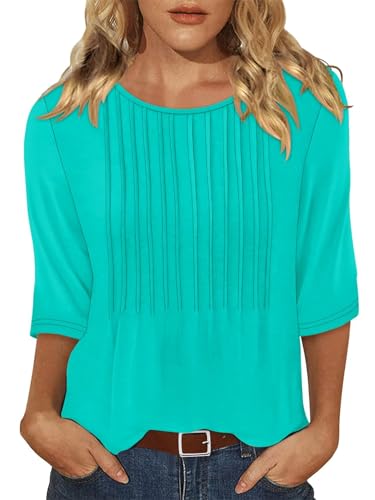 KISSMODA Tunic Tops for Women Loose Fit Dressy Round Neck Pleated 3/4 Length Sleeve Spring Tops