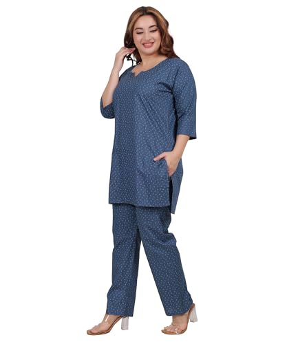 Image of Fabme Women's Cotton Printed Straight Night Suit Set of Top & Pyjama, Relaxed wear, Night wear Dress