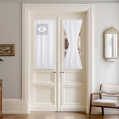 NICETOWN Non-See-Through Sheer Door Curtains for Front Door, Light Filtering Privacy Semi Sheer Window Curtains with Rod Pocket and Tie Back, White, 2